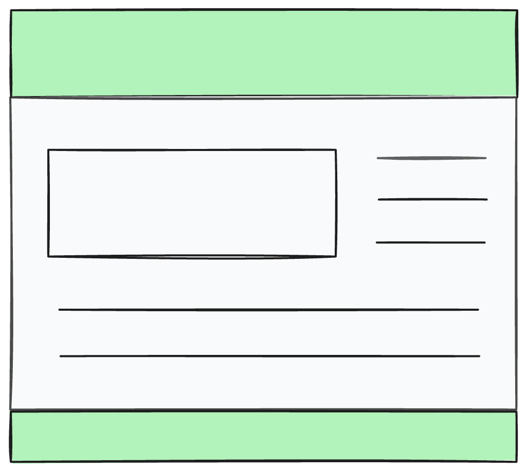 A rough sketch of an App-shell - composed of shared header and footer content in green, and the dynamic content in-between in grey.