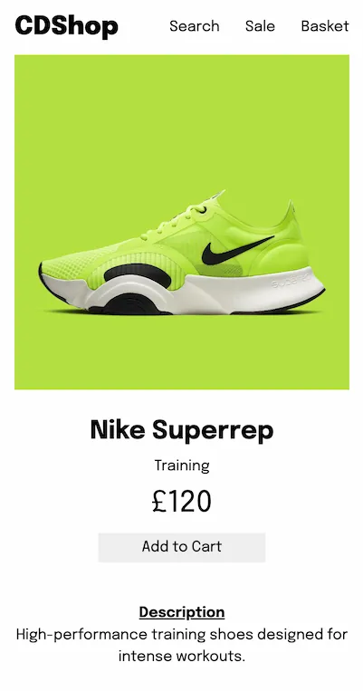 A product page for a green pair of trainers