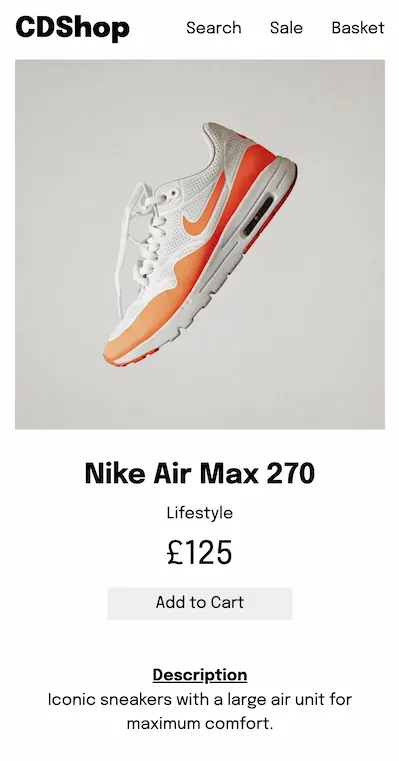 A product page for an orange pair of trainers